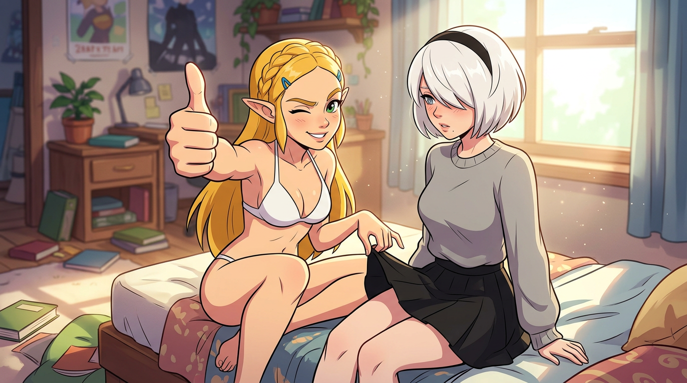 Zelda and 2B Anime Scene