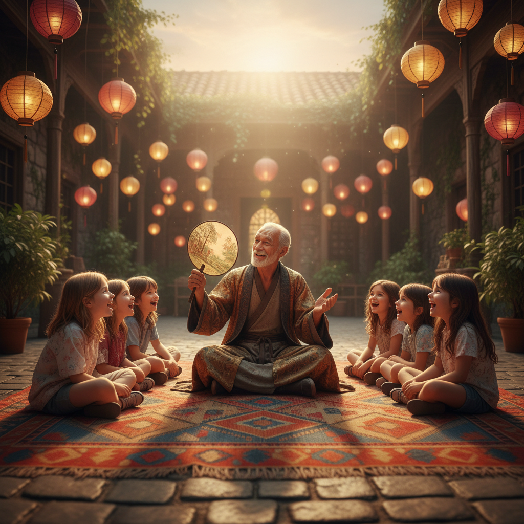 Elderly Storyteller in Courtyard