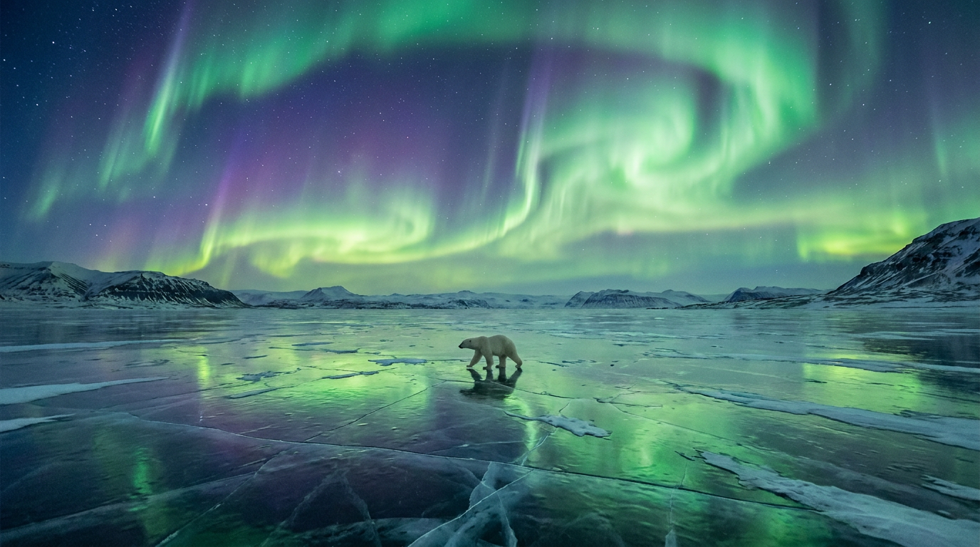 Polar Bear Under Aurora Borealis