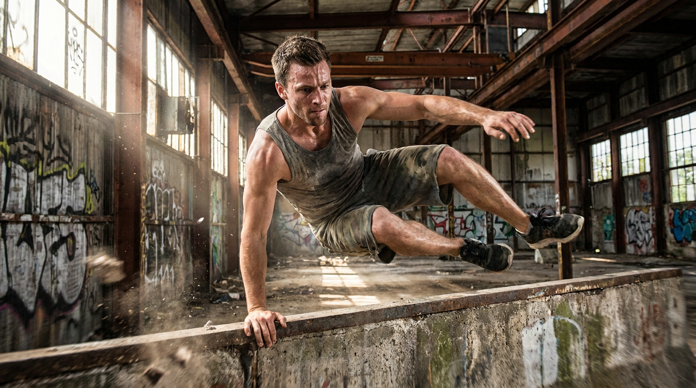 Parkour Athlete in Abandoned Warehouse