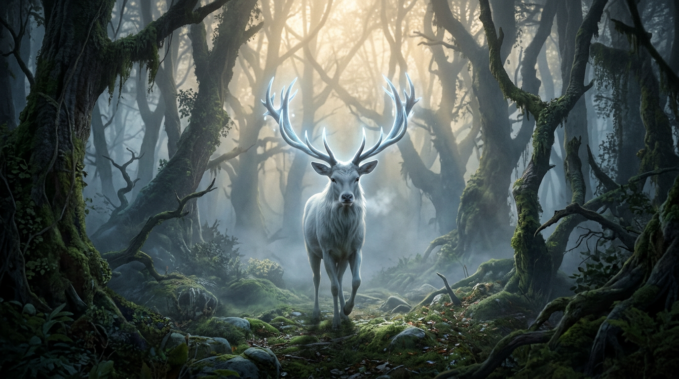 Ancient White Stag in Enchanted Forest