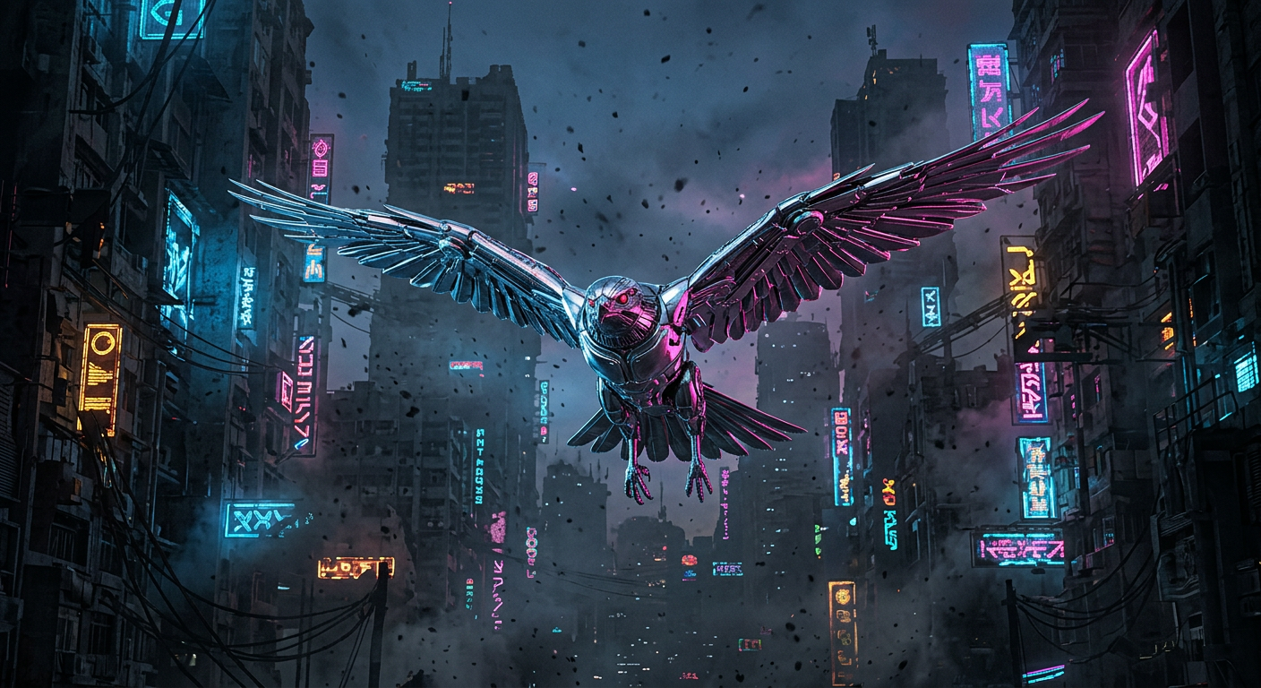 Cybernetic Hawk over Neon City
